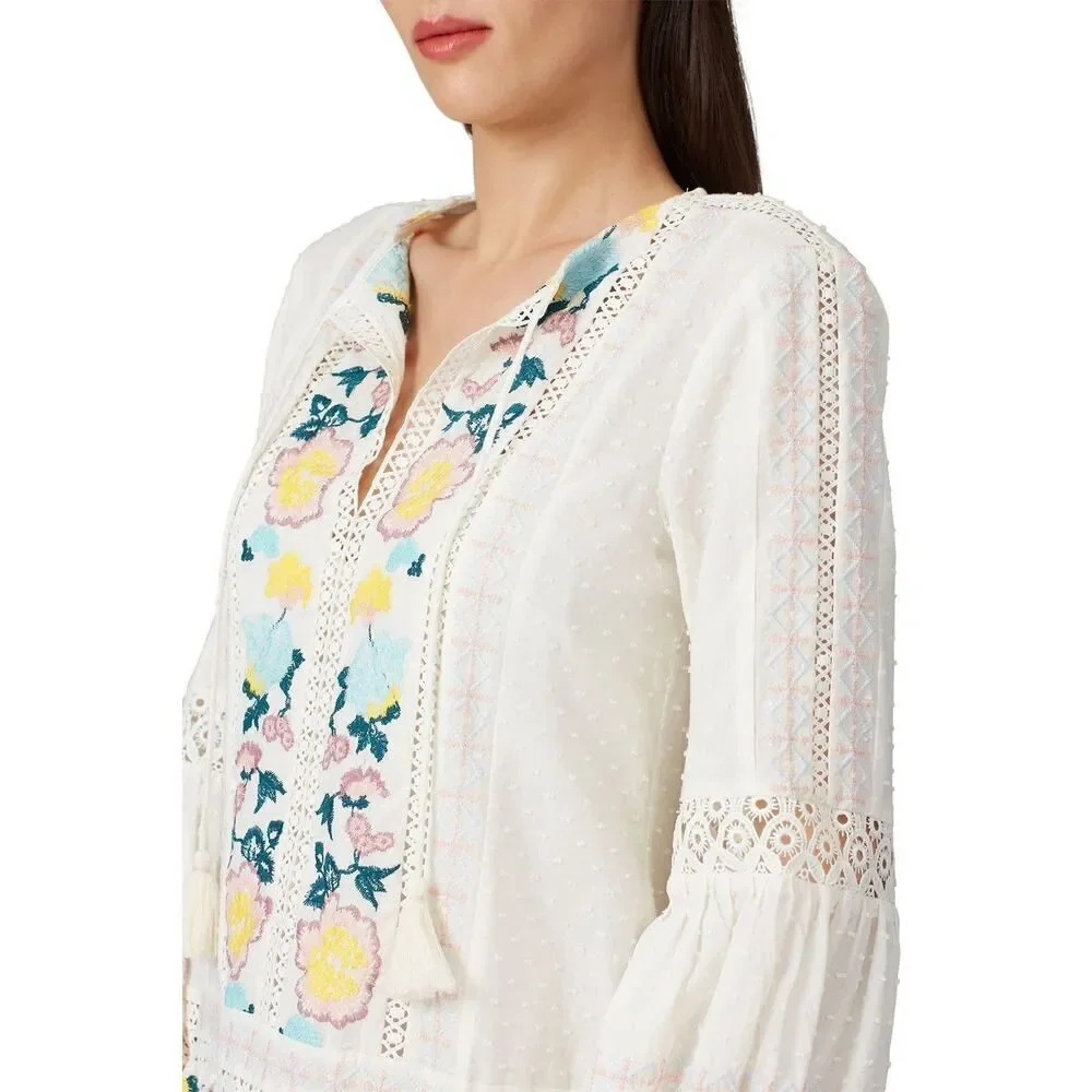 Tory Burch Mini Dress Women's XS White Blue Embroidered Boho Long Sleeve V-Neck